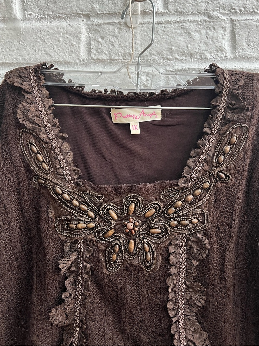 PRETTY ANGEL Brown Embroidery beaded Sweater Longsleeve Square Neck Mesh Lace - Picture 5 of 15